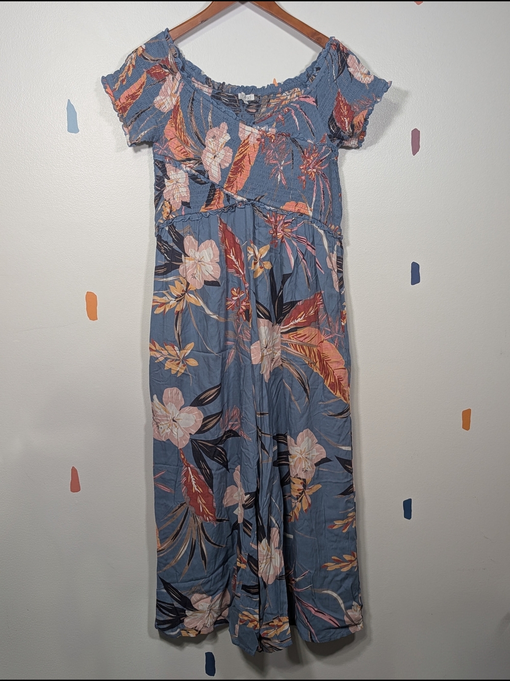 Patrons of Peace Blue Smocked Floral Jumpsuit Size Large